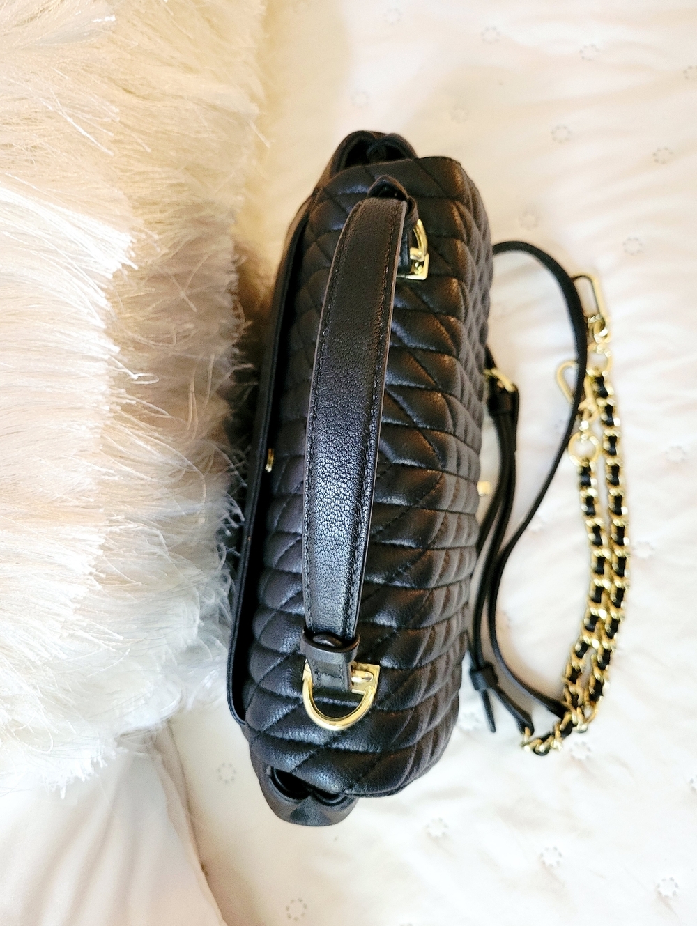 Karl Lagerfeld Paris Agyness Lucien Quilted Leather Satchel - Black/Gold - Picture 3 of 11